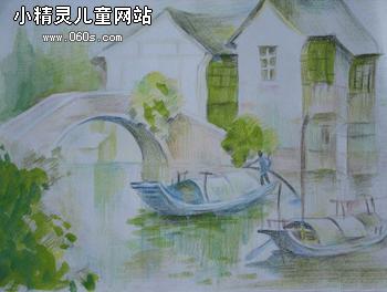 少儿绘画作品铅笔画-江南水乡