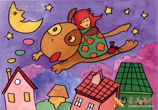 儿童学绘画 在天空和小狗一起飞行