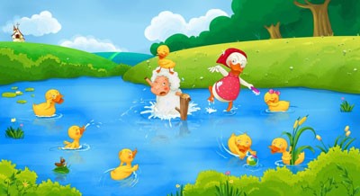 小鸭子和小猪游泳